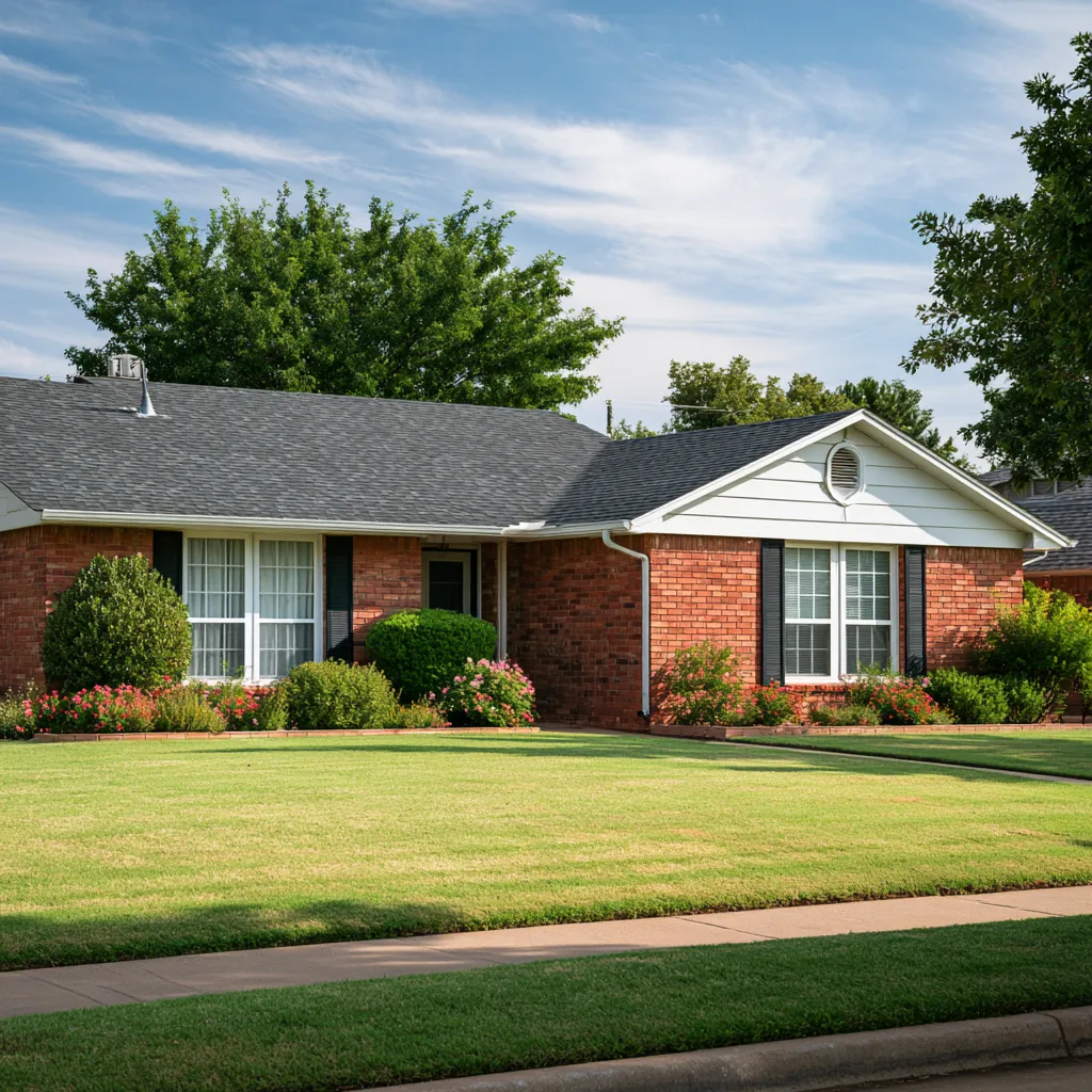 Red brick ranch with black shutters and a dark gray shingle roof